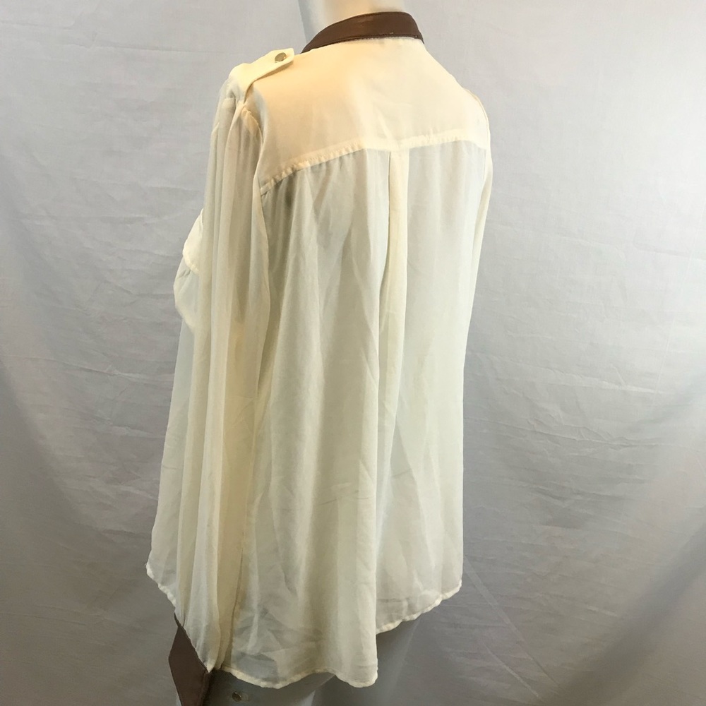 Cream Chiffon Sheer Leather Trim Top - Picture 6 of 7